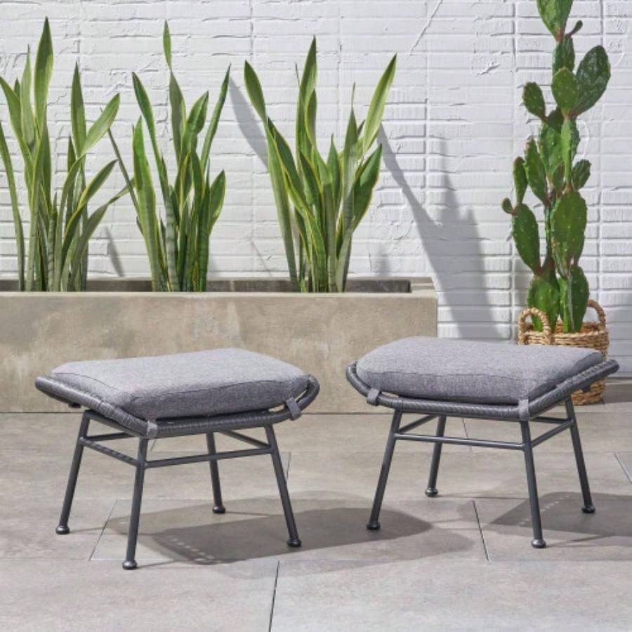 Montana Faux Rattan Outdoor Patio Ottoman with Cushion Set of 2