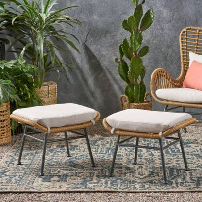 Montana Faux Rattan Outdoor Patio Ottoman with Cushion Set of 2