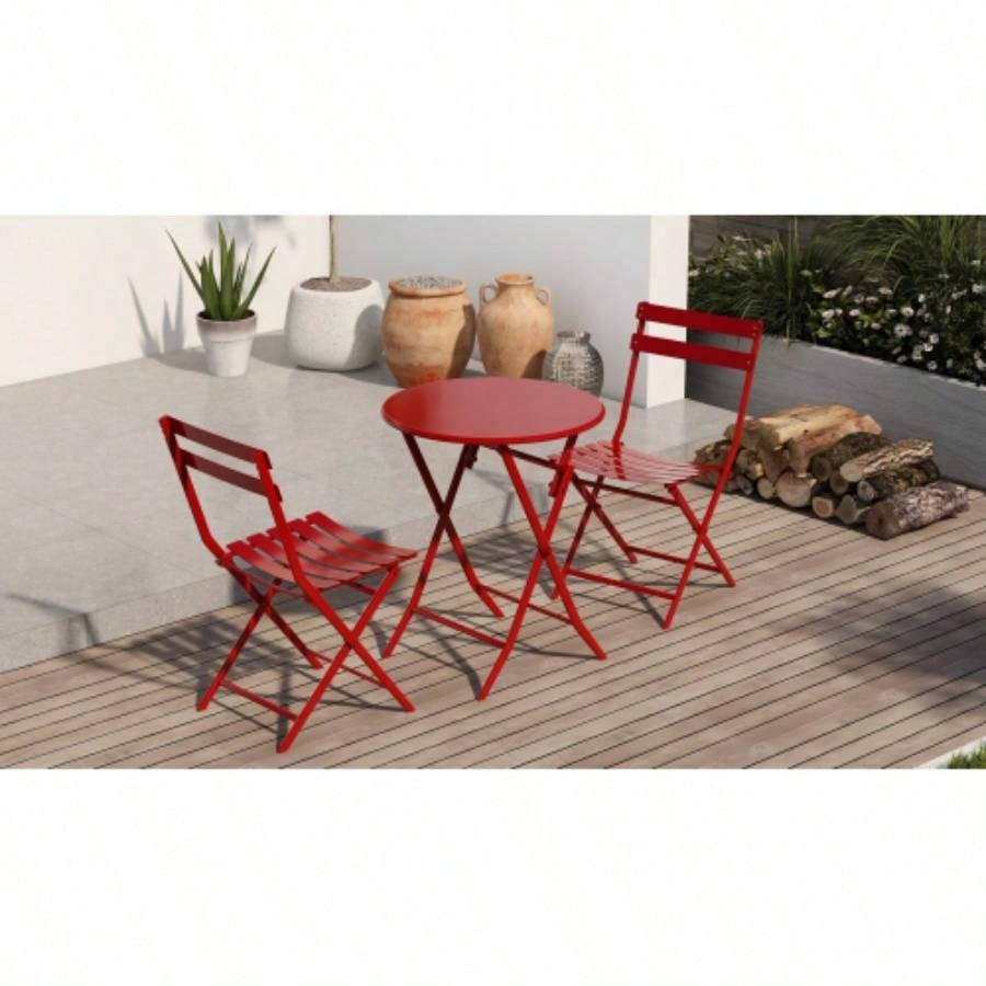 3 Piece Patio Bistro Set of Foldable Round Table and Chairs, Red