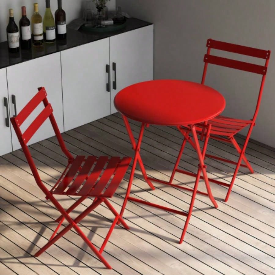 3 Piece Patio Bistro Set of Foldable Round Table and Chairs, Red