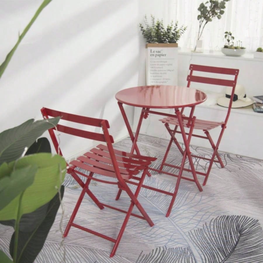 3 Piece Patio Bistro Set of Foldable Round Table and Chairs, Red