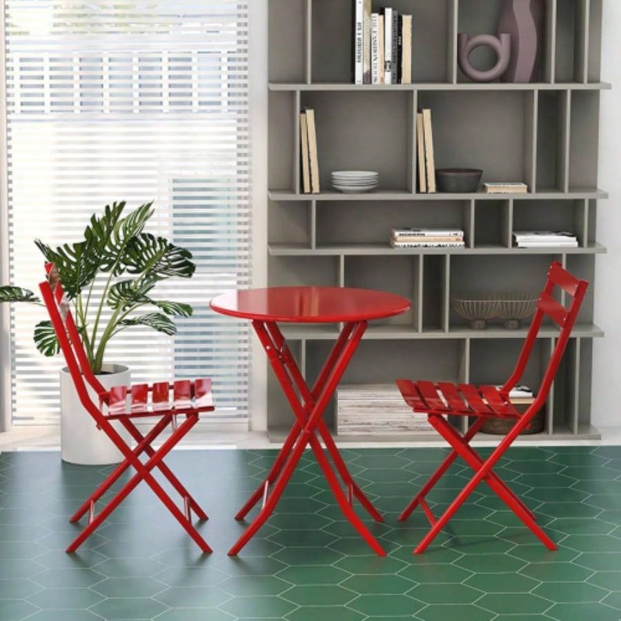 3 Piece Patio Bistro Set of Foldable Round Table and Chairs, Red