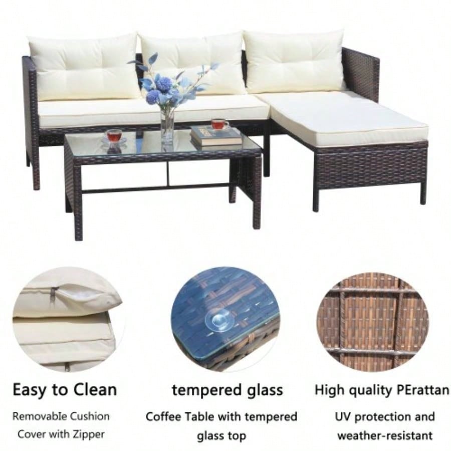 Outdoor patio Furniture sets 4 piece Conversation set wicker Ratten Sectional Sofa With CushionsBeige Cushion