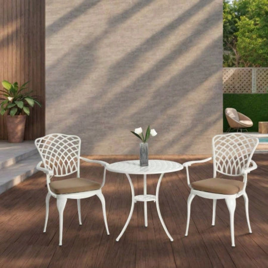 3 Piece Patio Bistro Set Cast Aluminum Bistro Table and Chairs Set of 2 with Hole, All Weather Metal Bistro Table Set, Outdoor Patio Furniture Set Garden with cushion White
