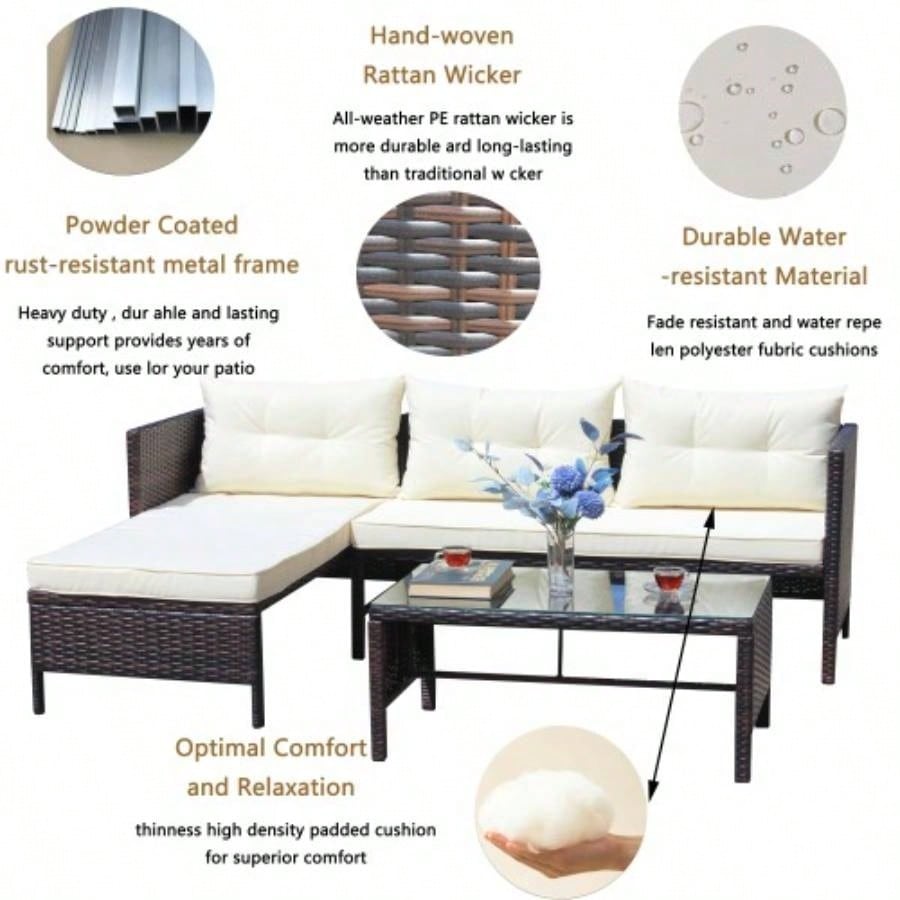 Outdoor patio Furniture sets 4 piece Conversation set wicker Ratten Sectional Sofa With CushionsBeige Cushion