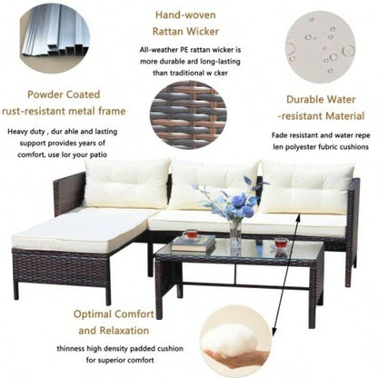Outdoor patio Furniture sets 4 piece Conversation set wicker Ratten Sectional Sofa With CushionsBeige Cushion