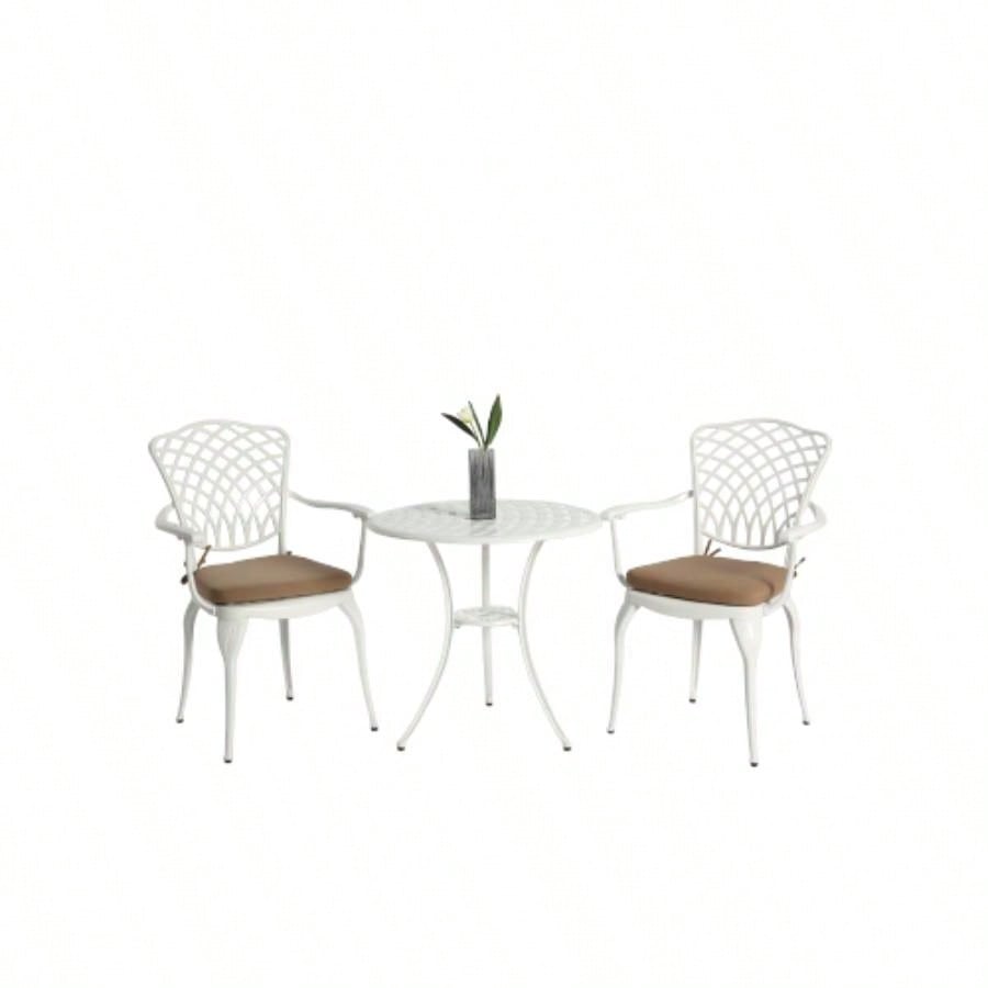 3 Piece Patio Bistro Set Cast Aluminum Bistro Table and Chairs Set of 2 with Hole, All Weather Metal Bistro Table Set, Outdoor Patio Furniture Set Garden with cushion White