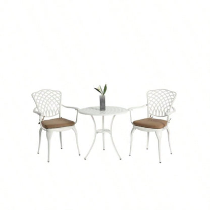 3 Piece Patio Bistro Set Cast Aluminum Bistro Table and Chairs Set of 2 with Hole, All Weather Metal Bistro Table Set, Outdoor Patio Furniture Set Garden with cushion White