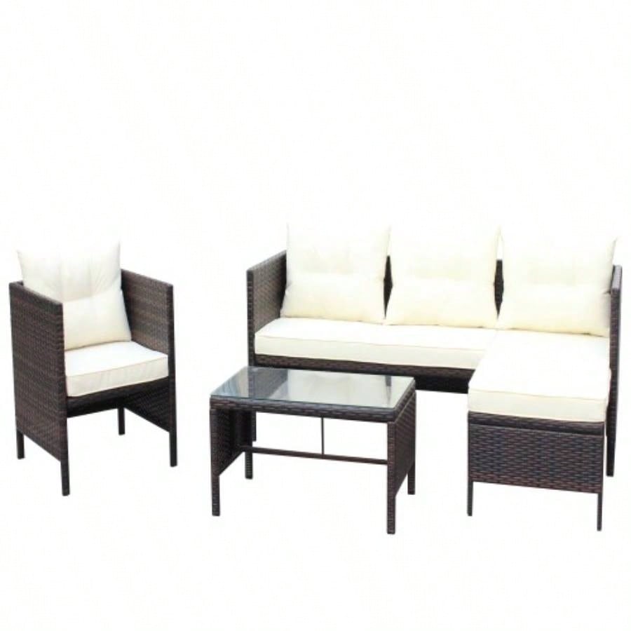 Outdoor patio Furniture sets 4 piece Conversation set wicker Ratten Sectional Sofa With CushionsBeige Cushion