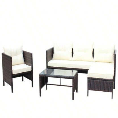 Outdoor patio Furniture sets 4 piece Conversation set wicker Ratten Sectional Sofa With CushionsBeige Cushion