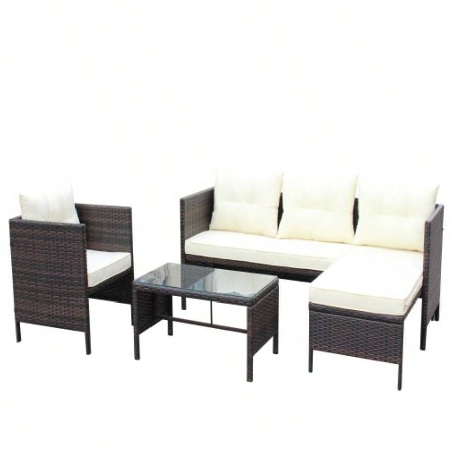 Outdoor patio Furniture sets 4 piece Conversation set wicker Ratten Sectional Sofa With CushionsBeige Cushion