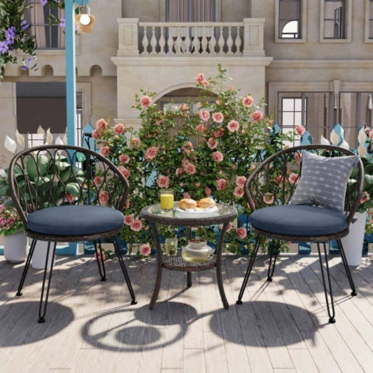USTYLE Outdoor Leisure Set, 2 Rattan Single Chairs with A Glass Round Table, Perfectly Suited Patios, Balconies, and Courtyards