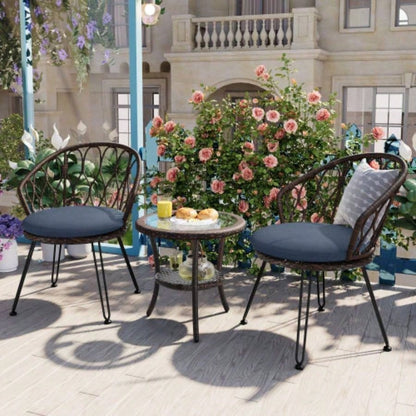 USTYLE Outdoor Leisure Set, 2 Rattan Single Chairs with A Glass Round Table, Perfectly Suited Patios, Balconies, and Courtyards