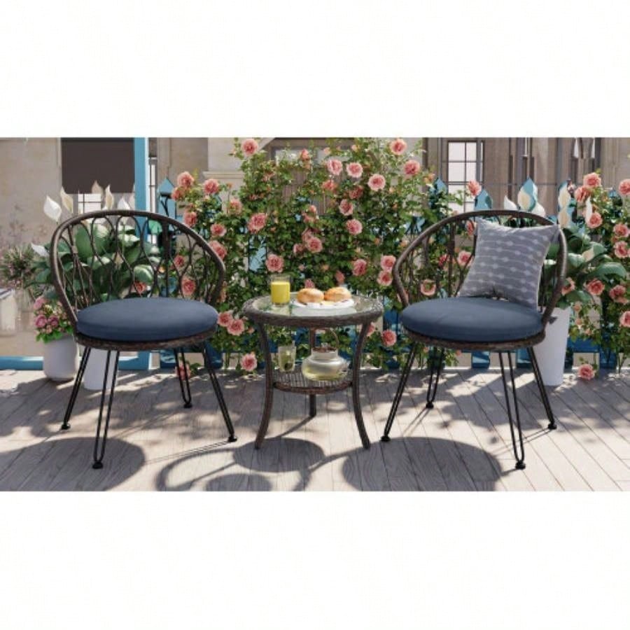 USTYLE Outdoor Leisure Set, 2 Rattan Single Chairs with A Glass Round Table, Perfectly Suited Patios, Balconies, and Courtyards