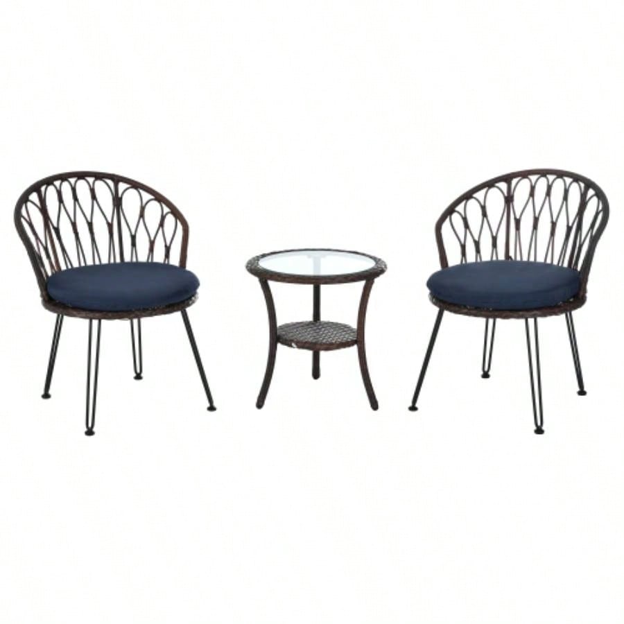 USTYLE Outdoor Leisure Set, 2 Rattan Single Chairs with A Glass Round Table, Perfectly Suited Patios, Balconies, and Courtyards