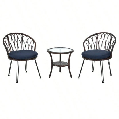 USTYLE Outdoor Leisure Set, 2 Rattan Single Chairs with A Glass Round Table, Perfectly Suited Patios, Balconies, and Courtyards