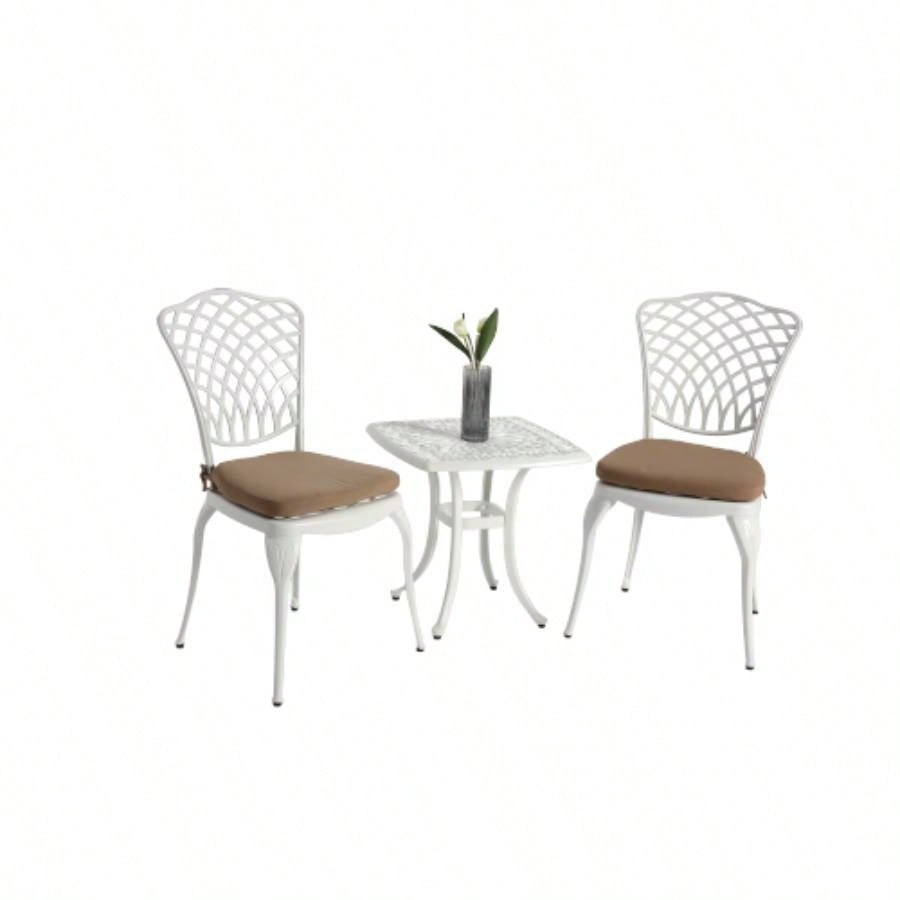 Bistro Set 3 Piece Rustproof Cast Aluminum Patio Furniture Sets 2 Chairs and 1 Round Table Outdoor, Garden, Patio, Balcony, with cushion white
