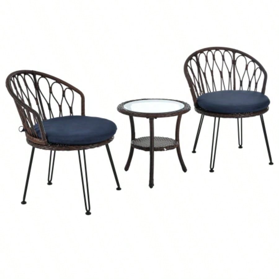 USTYLE Outdoor Leisure Set, 2 Rattan Single Chairs with A Glass Round Table, Perfectly Suited Patios, Balconies, and Courtyards
