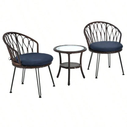 USTYLE Outdoor Leisure Set, 2 Rattan Single Chairs with A Glass Round Table, Perfectly Suited Patios, Balconies, and Courtyards