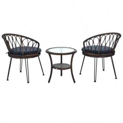 USTYLE Outdoor Leisure Set, 2 Rattan Single Chairs with A Glass Round Table, Perfectly Suited Patios, Balconies, and Courtyards