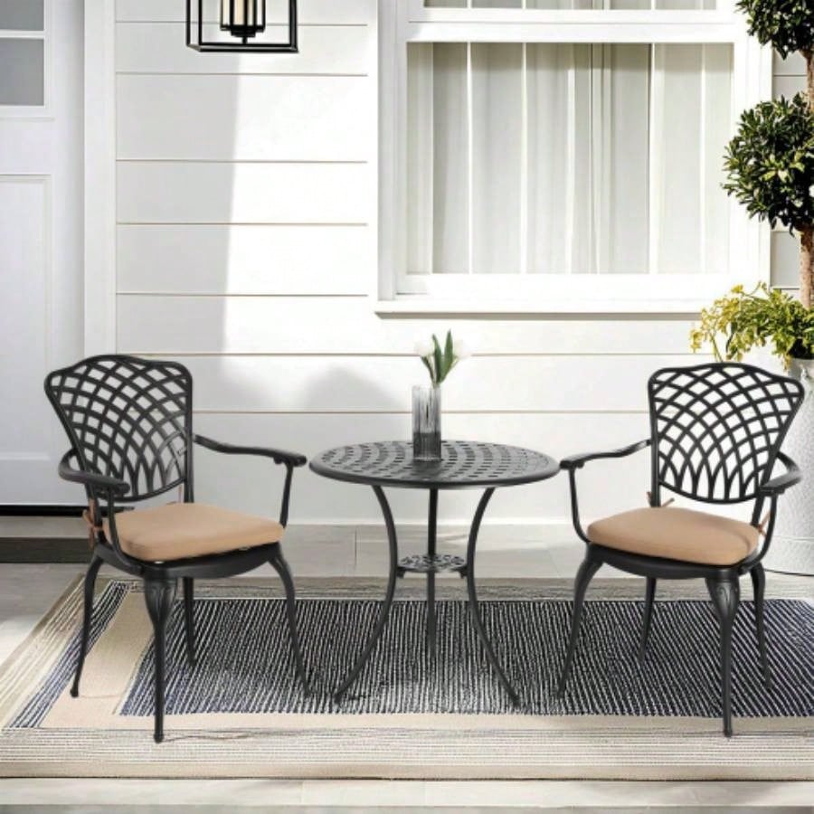 3 Piece Patio Bistro Set Cast Aluminum Bistro Table and Chairs Set of 2 with Hole, All Weather Metal Bistro Table Set, Outdoor Patio Furniture Set Garden Black with cushion