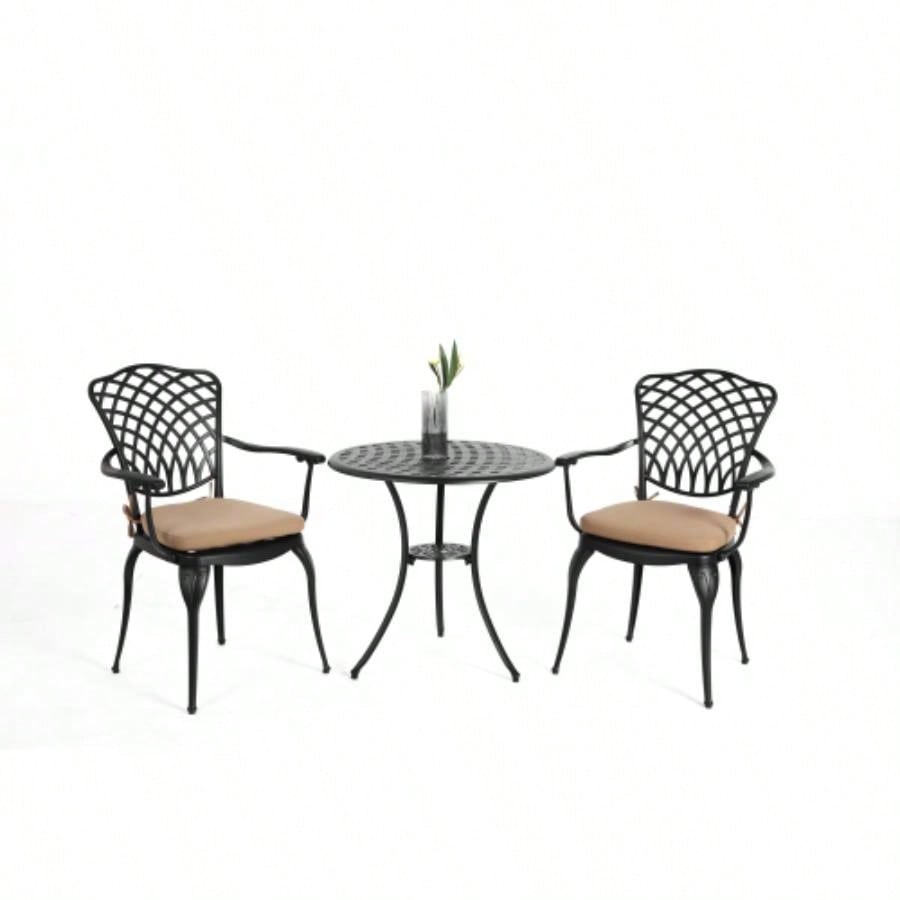 3 Piece Patio Bistro Set Cast Aluminum Bistro Table and Chairs Set of 2 with Hole, All Weather Metal Bistro Table Set, Outdoor Patio Furniture Set Garden Black with cushion