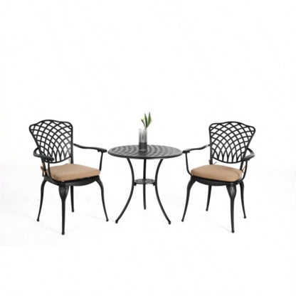 3 Piece Patio Bistro Set Cast Aluminum Bistro Table and Chairs Set of 2 with Hole, All Weather Metal Bistro Table Set, Outdoor Patio Furniture Set Garden Black with cushion