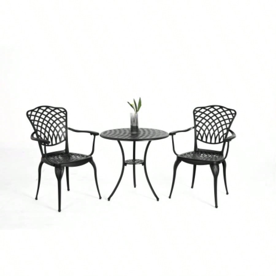 3 Piece Patio Bistro Set Cast Aluminum Bistro Table and Chairs Set of 2 with Hole, All Weather Metal Bistro Table Set, Outdoor Patio Furniture Set Garden Black