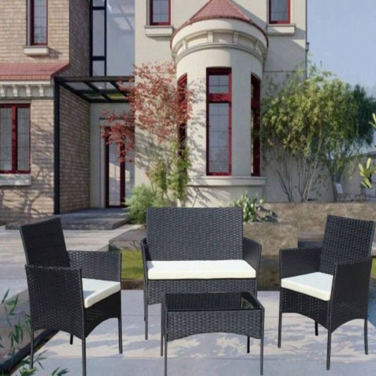 4 PC Rattan Patio Furniture Set Outdoor Patio Cushioned Wicker Sofa Beige Cushion