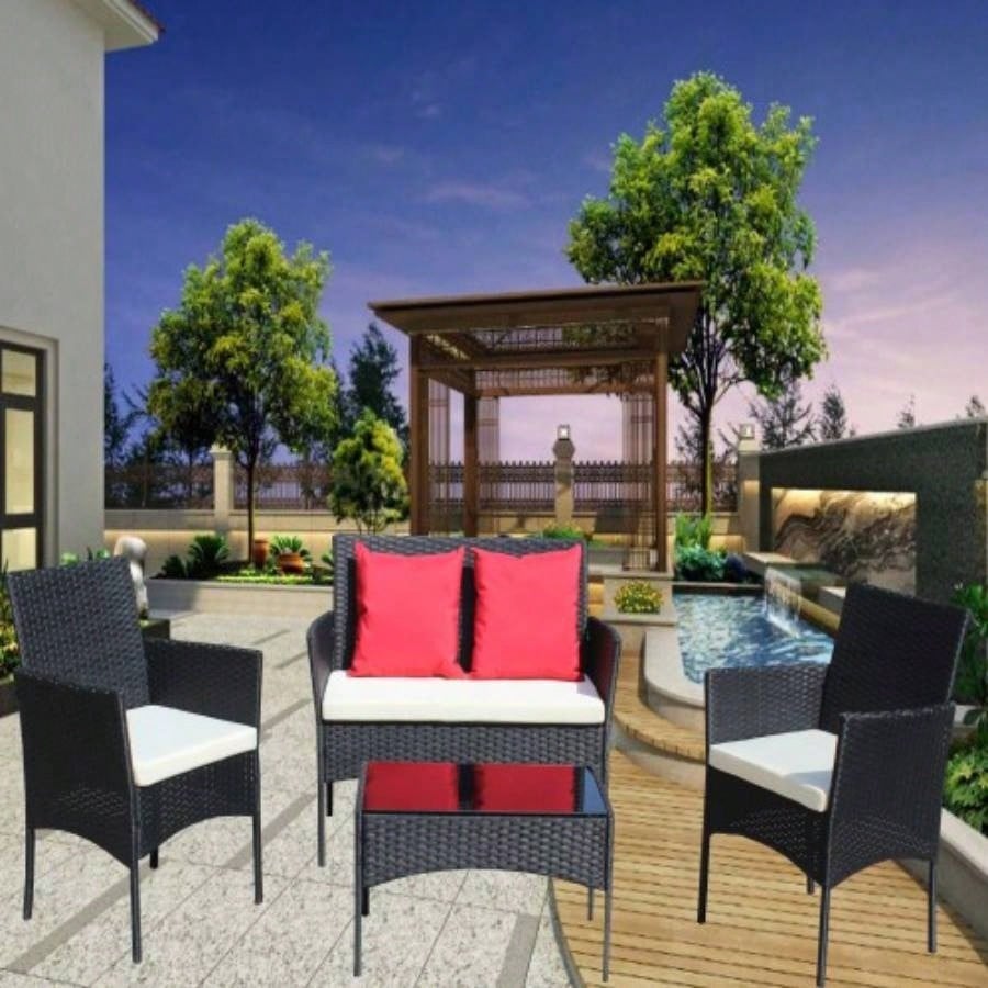 4 PC Rattan Patio Furniture Set Outdoor Patio Cushioned Wicker Sofa Beige Cushion