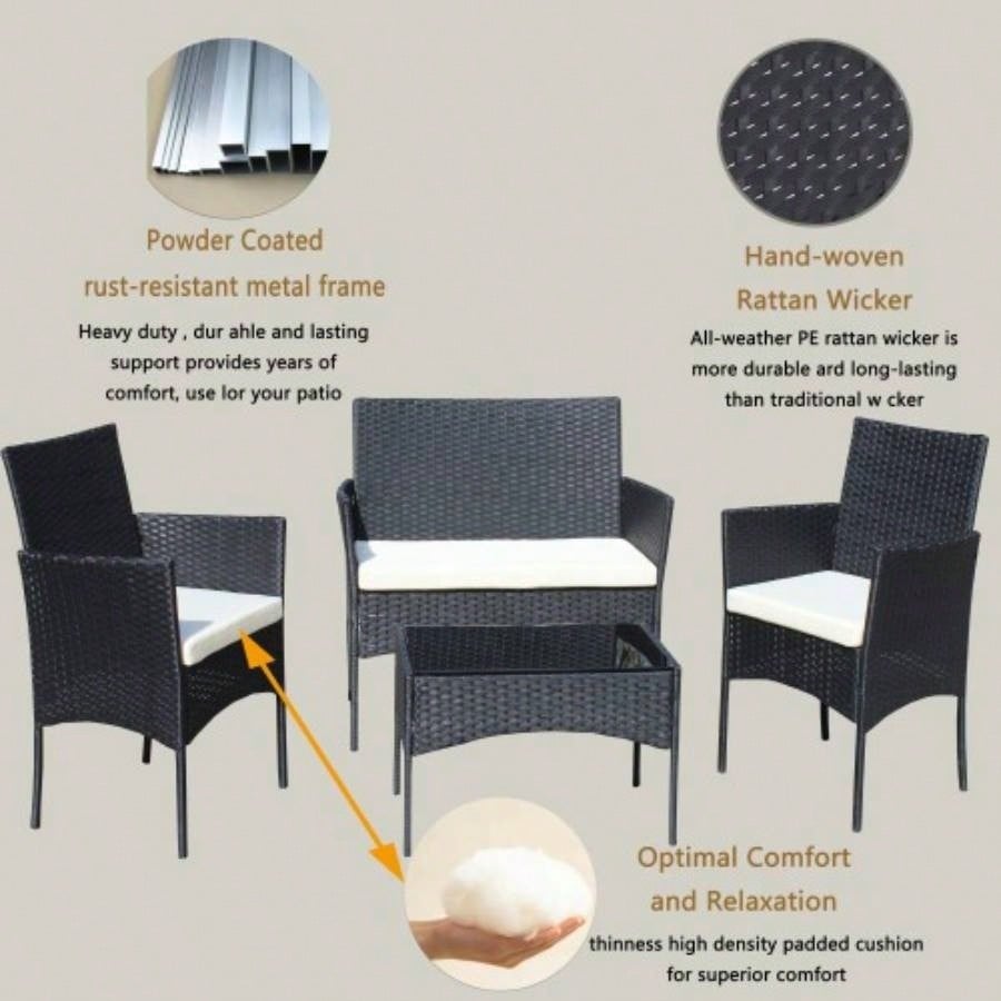 4 PC Rattan Patio Furniture Set Outdoor Patio Cushioned Wicker Sofa Beige Cushion