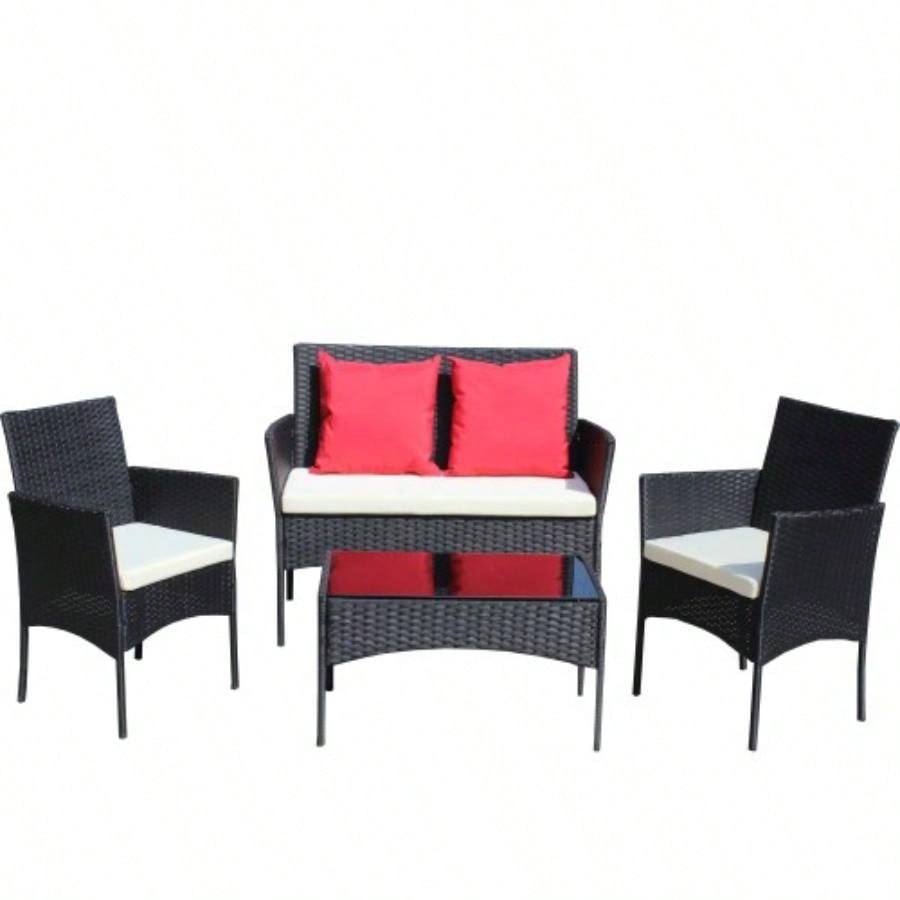 4 PC Rattan Patio Furniture Set Outdoor Patio Cushioned Wicker Sofa Beige Cushion