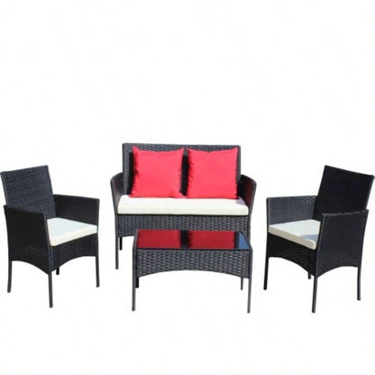 4 PC Rattan Patio Furniture Set Outdoor Patio Cushioned Wicker Sofa Beige Cushion