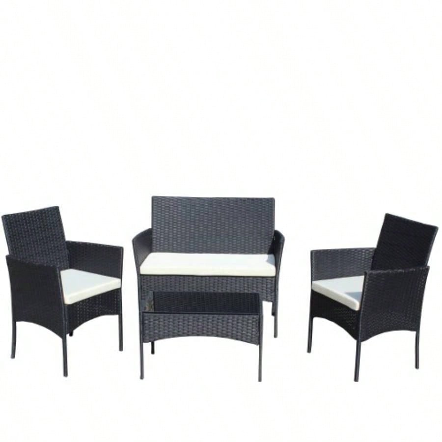 4 PC Rattan Patio Furniture Set Outdoor Patio Cushioned Wicker Sofa Beige Cushion