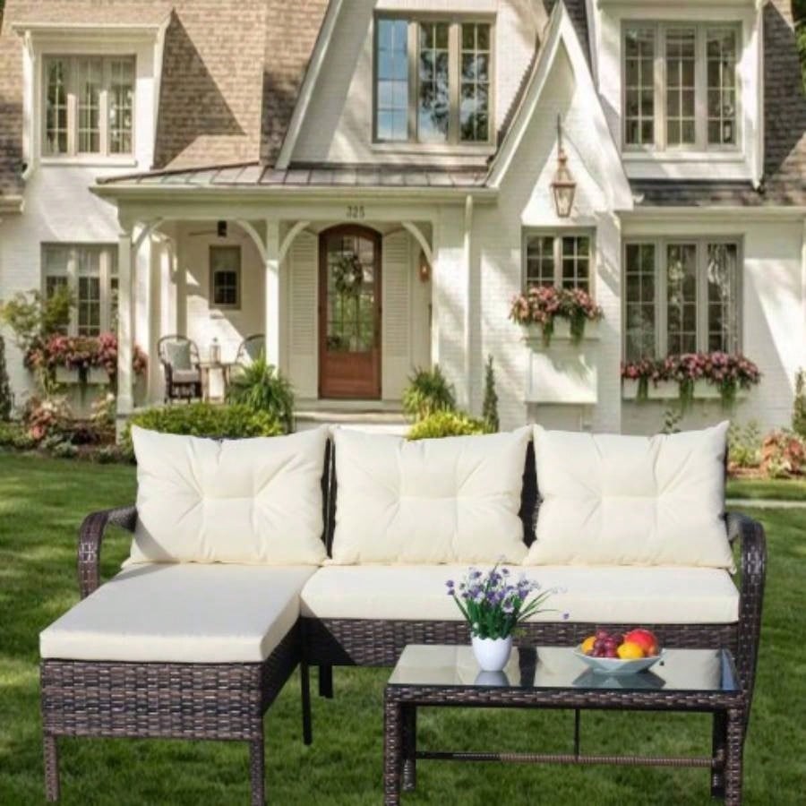 Outdoor patio Furniture sets 3 piece Conversation set wicker Ratten Sectional Sofa With CushionsBeige Cushion