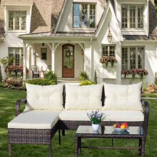 Outdoor patio Furniture sets 3 piece Conversation set wicker Ratten Sectional Sofa With CushionsBeige Cushion