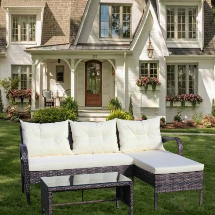 Outdoor patio Furniture sets 3 piece Conversation set wicker Ratten Sectional Sofa With CushionsBeige Cushion