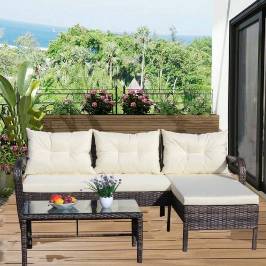 Outdoor patio Furniture sets 3 piece Conversation set wicker Ratten Sectional Sofa With CushionsBeige Cushion