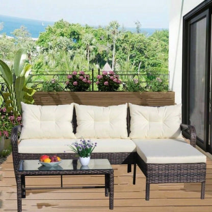 Outdoor patio Furniture sets 3 piece Conversation set wicker Ratten Sectional Sofa With CushionsBeige Cushion