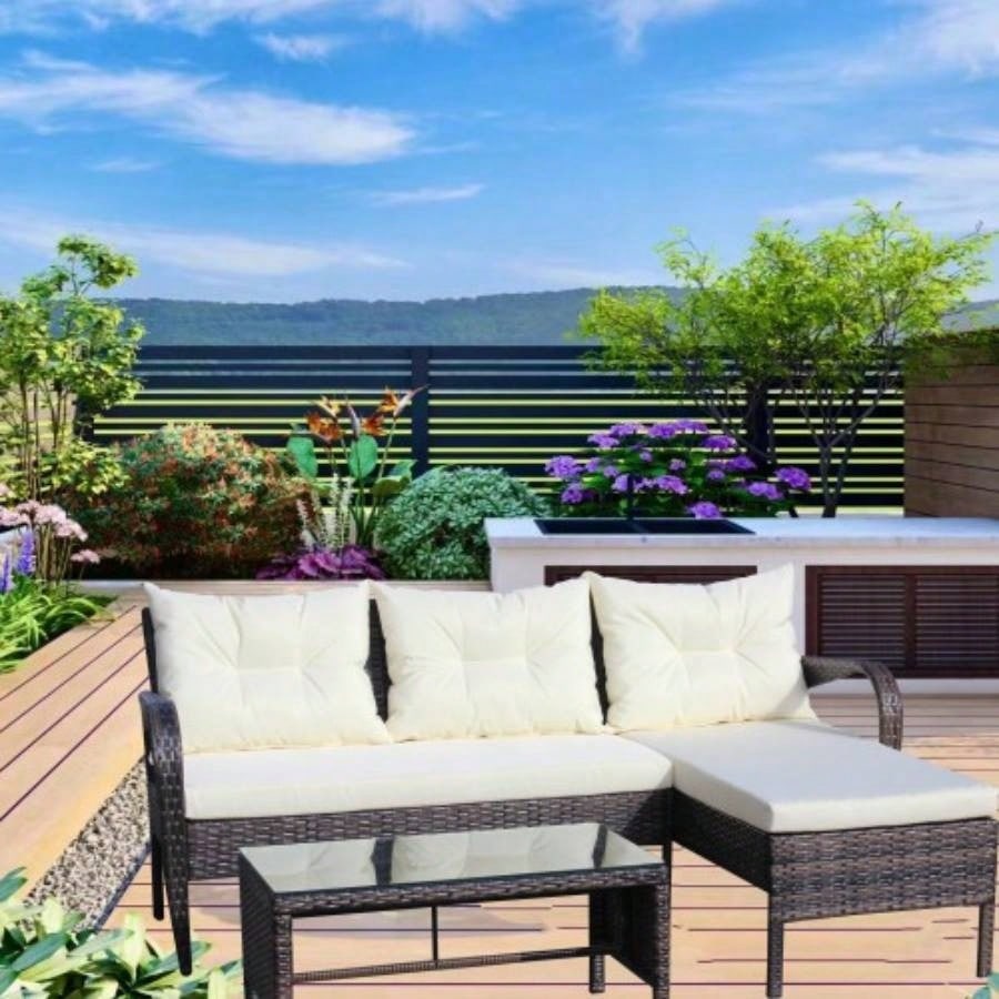 Outdoor patio Furniture sets 3 piece Conversation set wicker Ratten Sectional Sofa With CushionsBeige Cushion