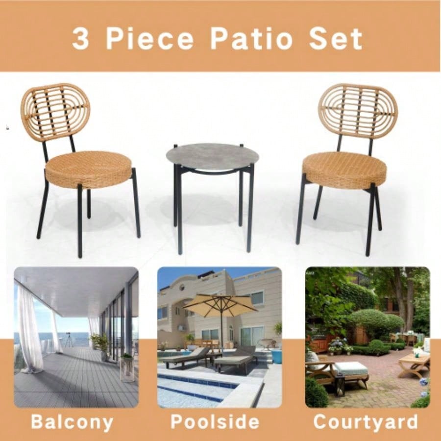 3 Pieces Of Luxury Outdoor Wicker Furniture - Patio Bistro Style Table And Chair Combination, Weather - resistant PE Wicker Weave, Stainless Steel Fame, Suitable Garden, Terrace, Backyard Casua