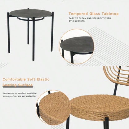 3 Pieces Of Luxury Outdoor Wicker Furniture - Patio Bistro Style Table And Chair Combination, Weather - resistant PE Wicker Weave, Stainless Steel Fame, Suitable Garden, Terrace, Backyard Casua
