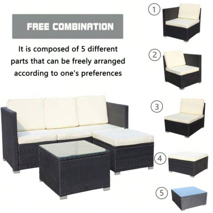 Outdoor Garden Patio Furniture 5 - Piece PE Rattan Wicker Cushioned Sofa Sets and Coffee Table, patio furniture set; outdoor couch Beige Cushion