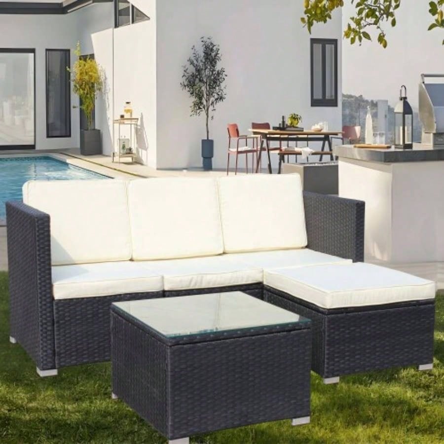 Outdoor Garden Patio Furniture 5 - Piece PE Rattan Wicker Cushioned Sofa Sets and Coffee Table, patio furniture set; outdoor couch Beige Cushion