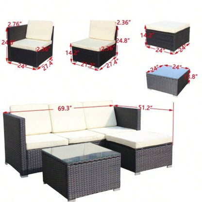 Outdoor Garden Patio Furniture 5 - Piece PE Rattan Wicker Cushioned Sofa Sets and Coffee Table, patio furniture set; outdoor couch Beige Cushion