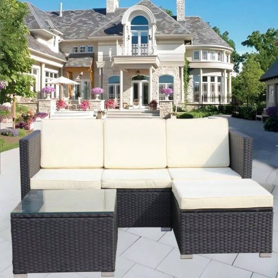Outdoor Garden Patio Furniture 5 - Piece PE Rattan Wicker Cushioned Sofa Sets and Coffee Table, patio furniture set; outdoor couch Beige Cushion