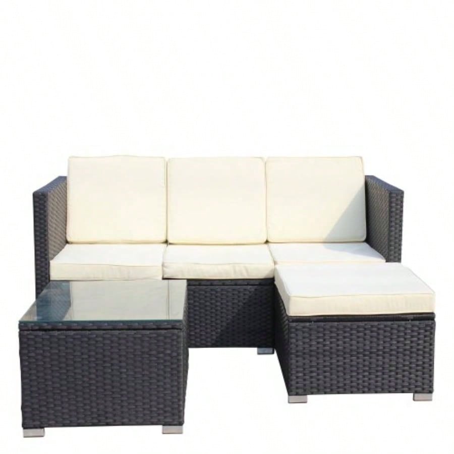 Outdoor Garden Patio Furniture 5 - Piece PE Rattan Wicker Cushioned Sofa Sets and Coffee Table, patio furniture set; outdoor couch Beige Cushion