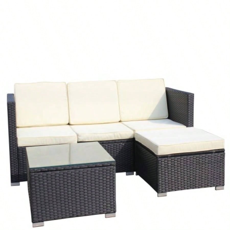 Outdoor Garden Patio Furniture 5 - Piece PE Rattan Wicker Cushioned Sofa Sets and Coffee Table, patio furniture set; outdoor couch Beige Cushion