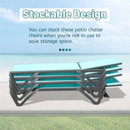 Outdoor Lounge Chair, Aluminum Plastic Patio Chaise Lounge with Side Table 5 Position Adjustable Backrest Wheels, All Weather Reclining Chair Outside Beach Poolside Lawn, Lake Blue
