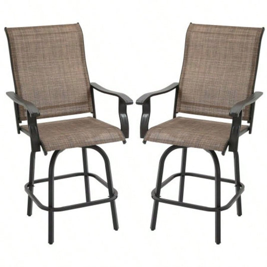 Outsunny Set of 2 Outdoor Swivel Bar Stools with Armrests, Bar Height Patio Chairs with Steel Frame Balcony, Poolside, Backyard, Brown